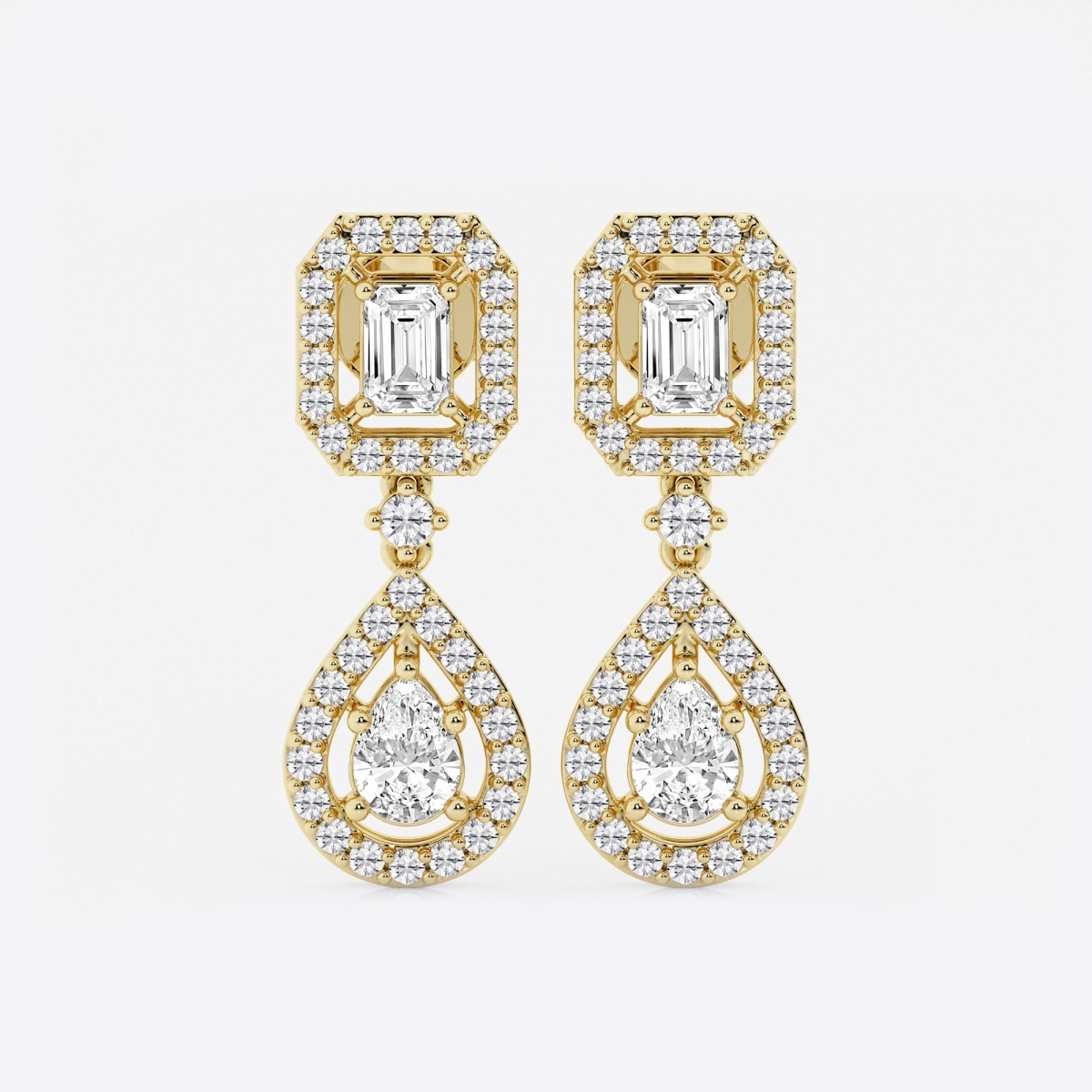 4 ctw Emerald and Pear Lab Grown Diamond Dangle Earrings — 14K Yellow Gold, DE, VS1