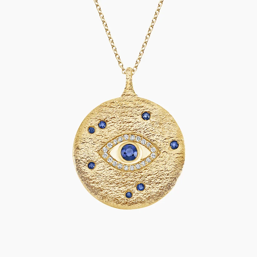 Evil Eye Sapphire and Diamond Medallion Necklace in 14K Yellow Gold