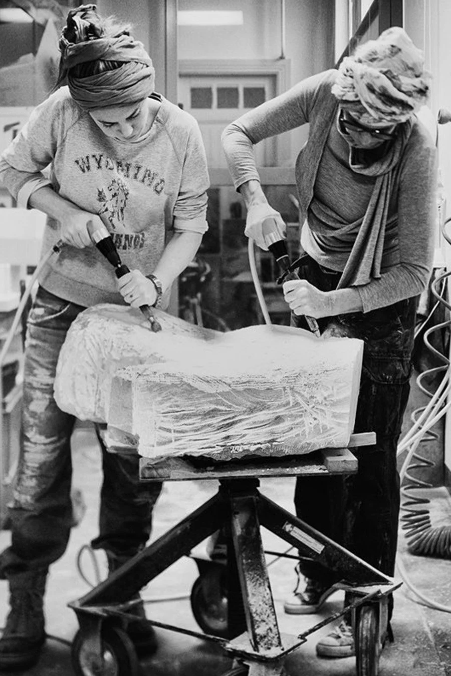 Bibi van der Velden carving at the bench