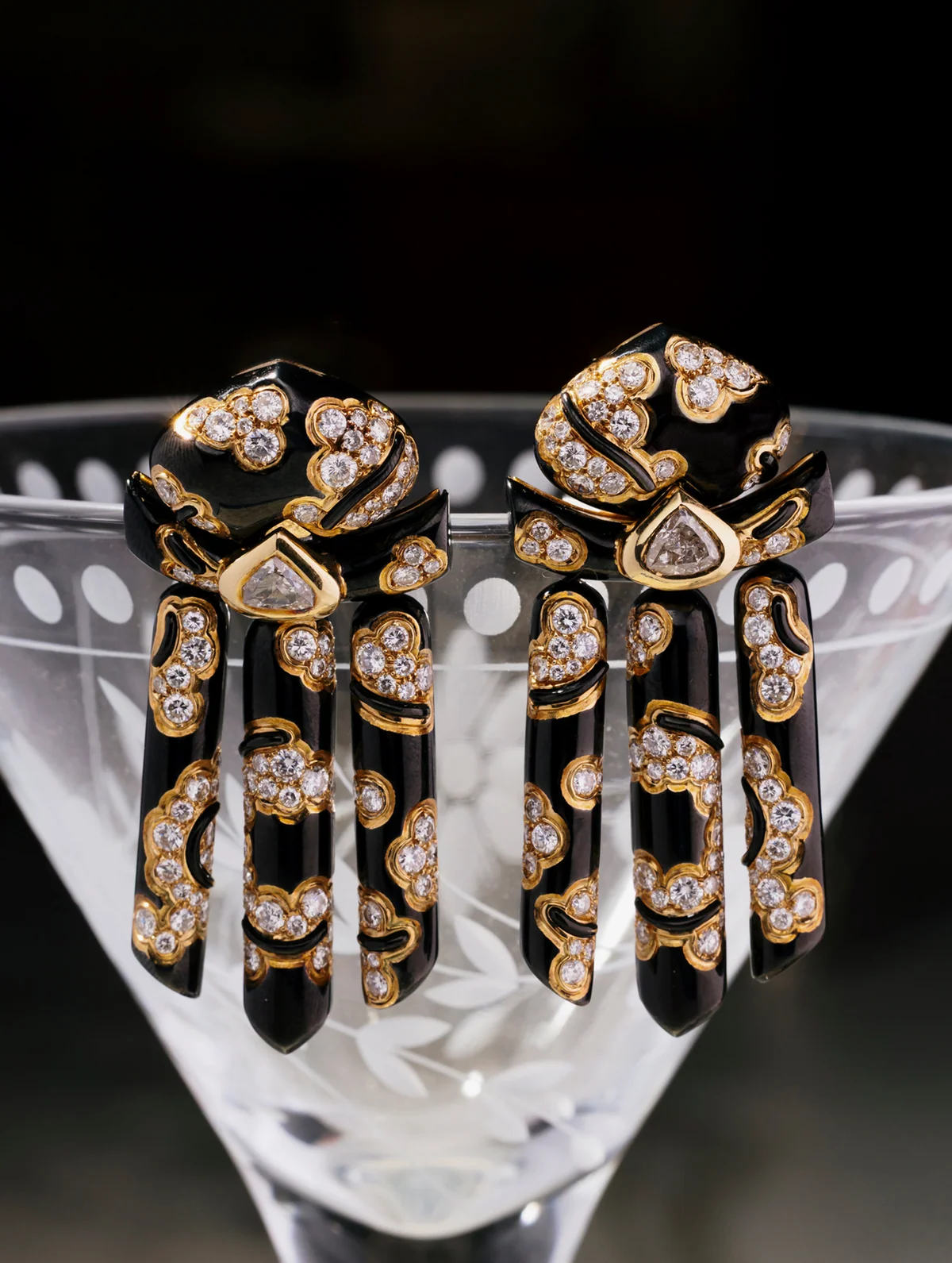 Marina B. Diamond & Blackened Gold Chandelier Earrings, Circa 1986