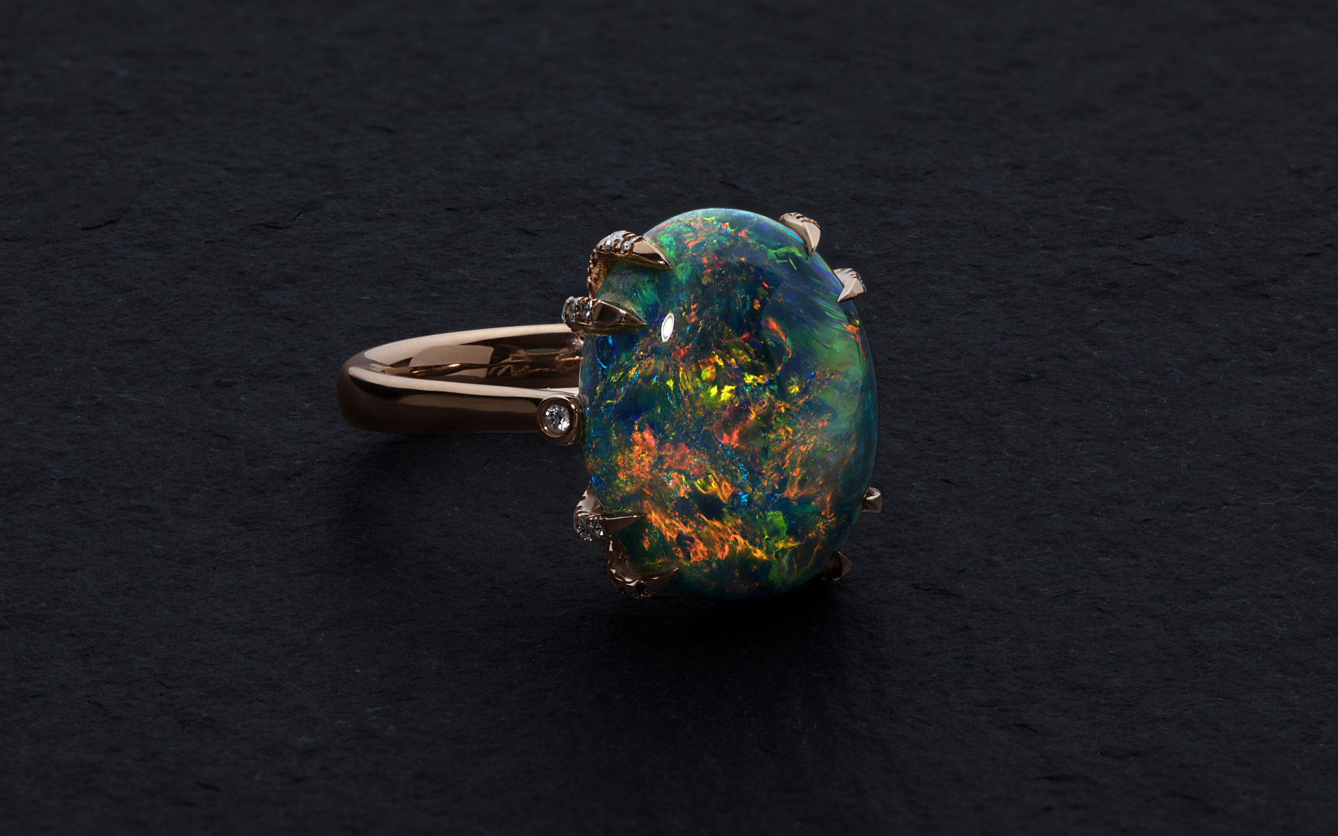 Black Opal & Diamond Ring in Rose Gold