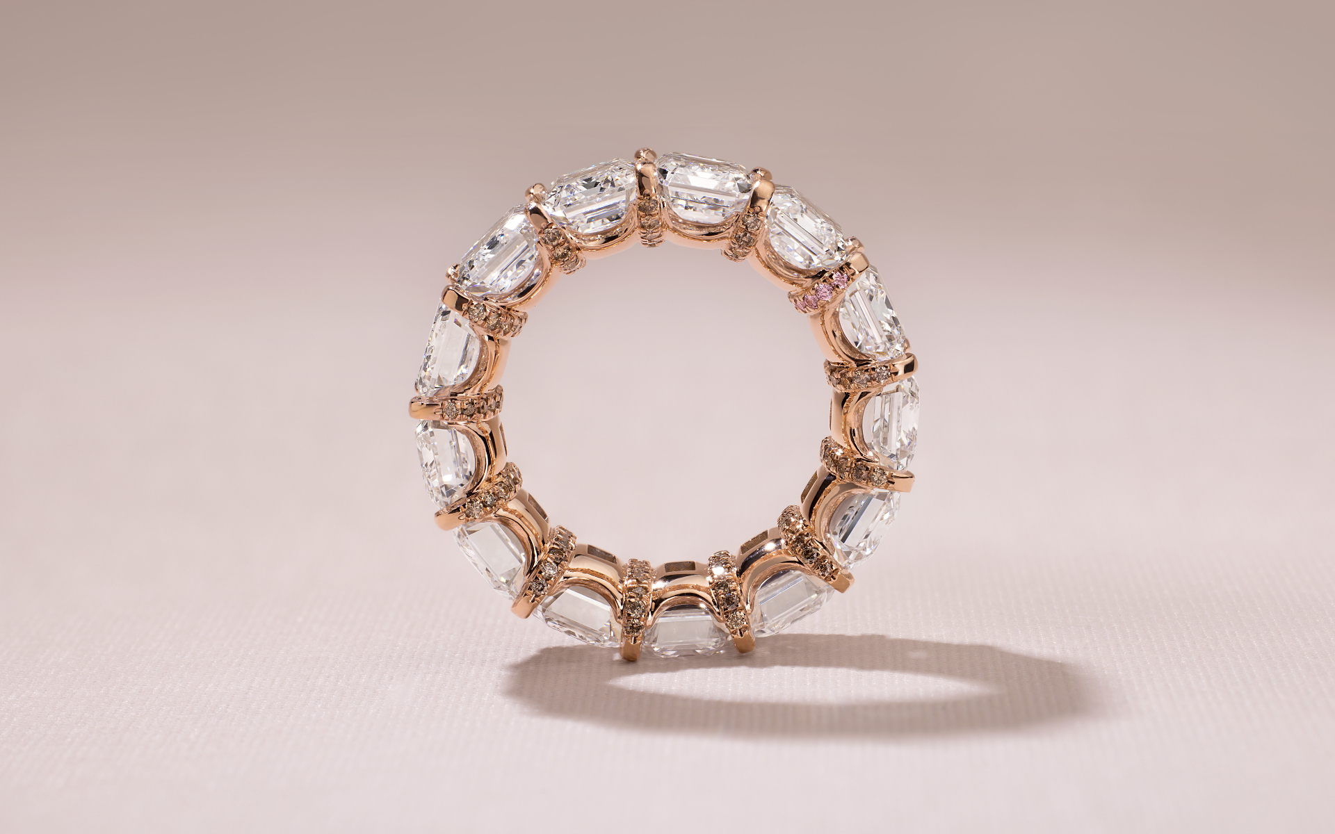 Emerald-Cut Diamond & Champagne Diamond Band in Rose Gold