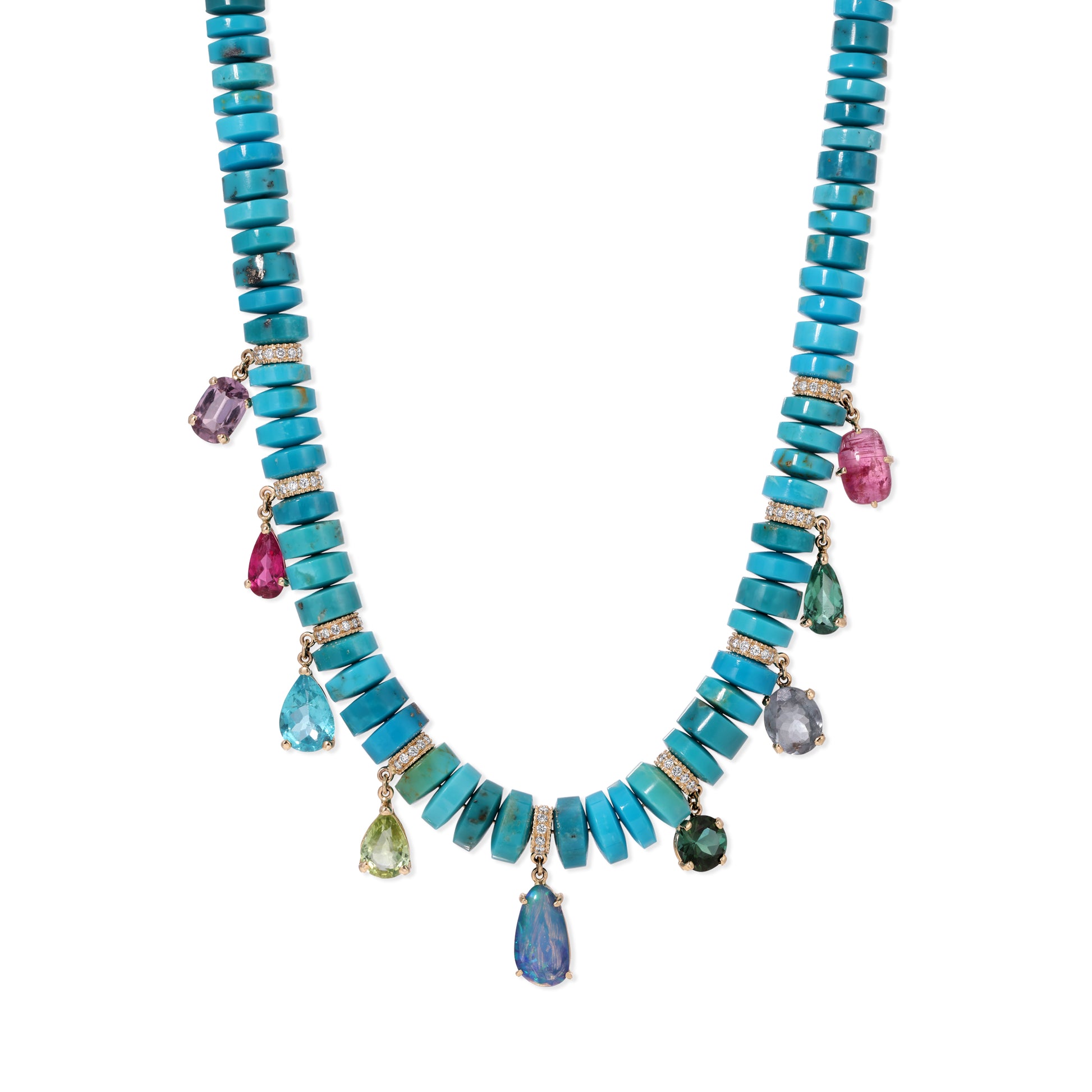 Graduated turquoise necklace with a freeform opal center