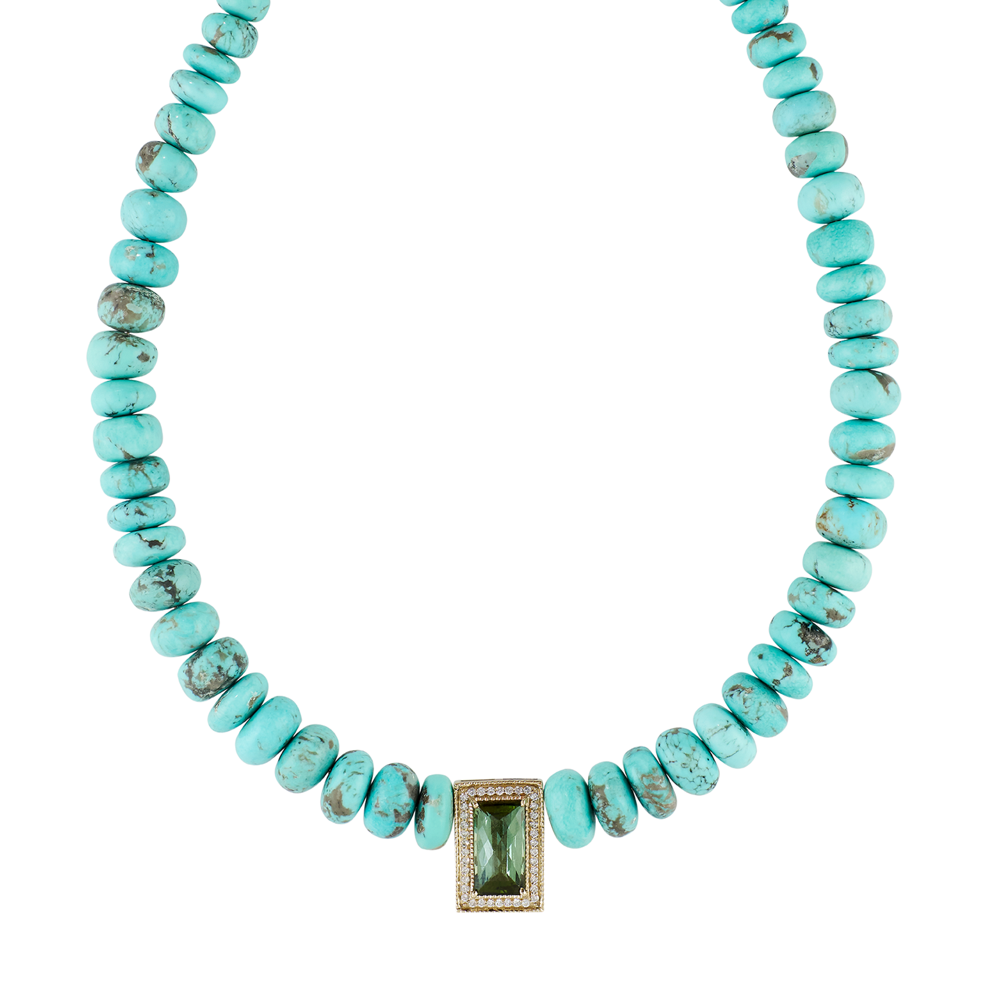 Graduated turquoise necklace with green tourmaline centerpiece
