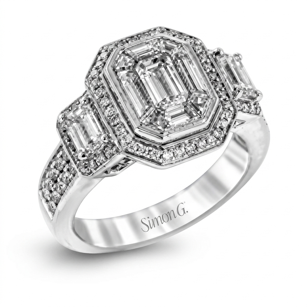 Emerald-Cut Halo Engagement Ring