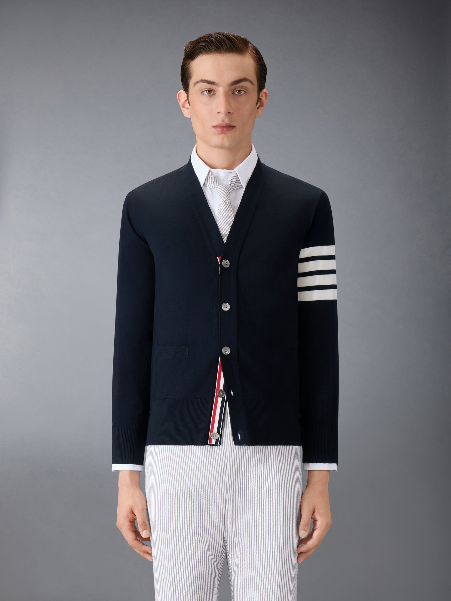 MERINO WOOL 4-BAR CLASSIC V-NECK CARDIGAN