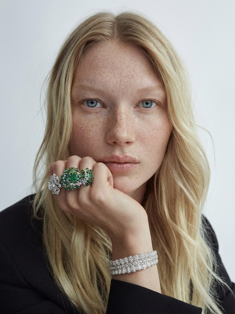 Model wearing diamond and emerald cocktail rings