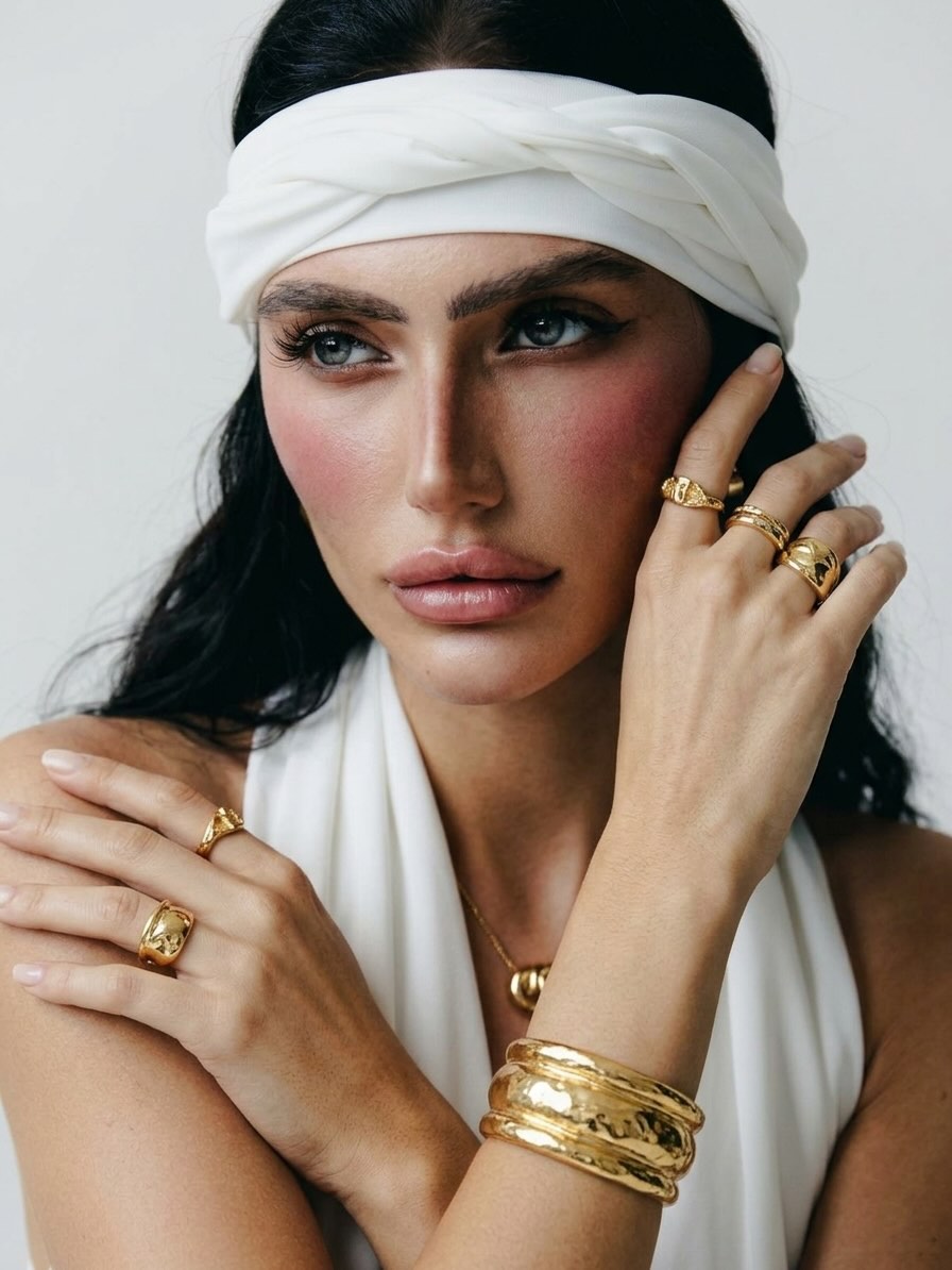 Model wearing sculptural gold rings and bracelets